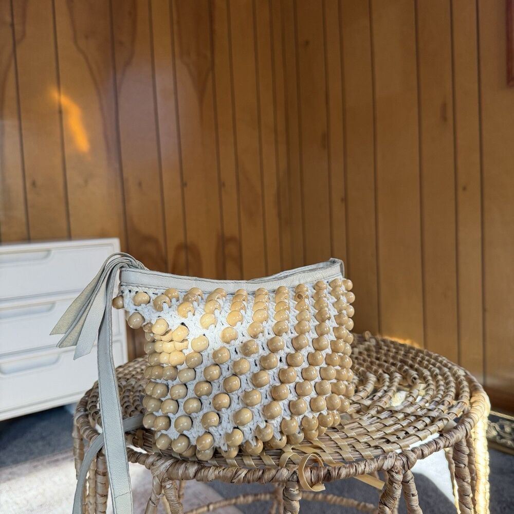 Cleobella Paradise Beaded Crossbody Raffia Bucket Bag Anthropologie Beige Cream